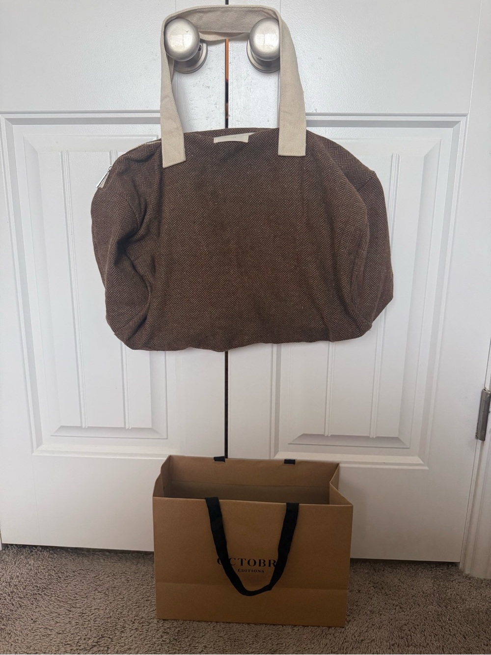 Octobre Brown Duffel Bag Herringbone Bag New